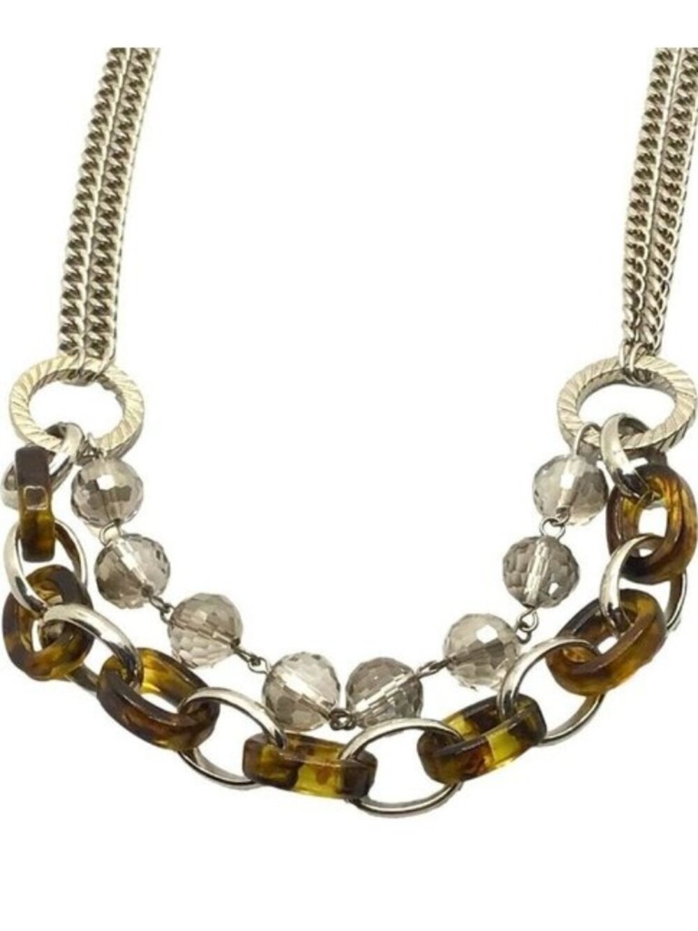 Ann Taylor LOFT Necklace Two Tier Beaded Tortoise Shell Chain Link Silver Tone - Picture 4 of 4
